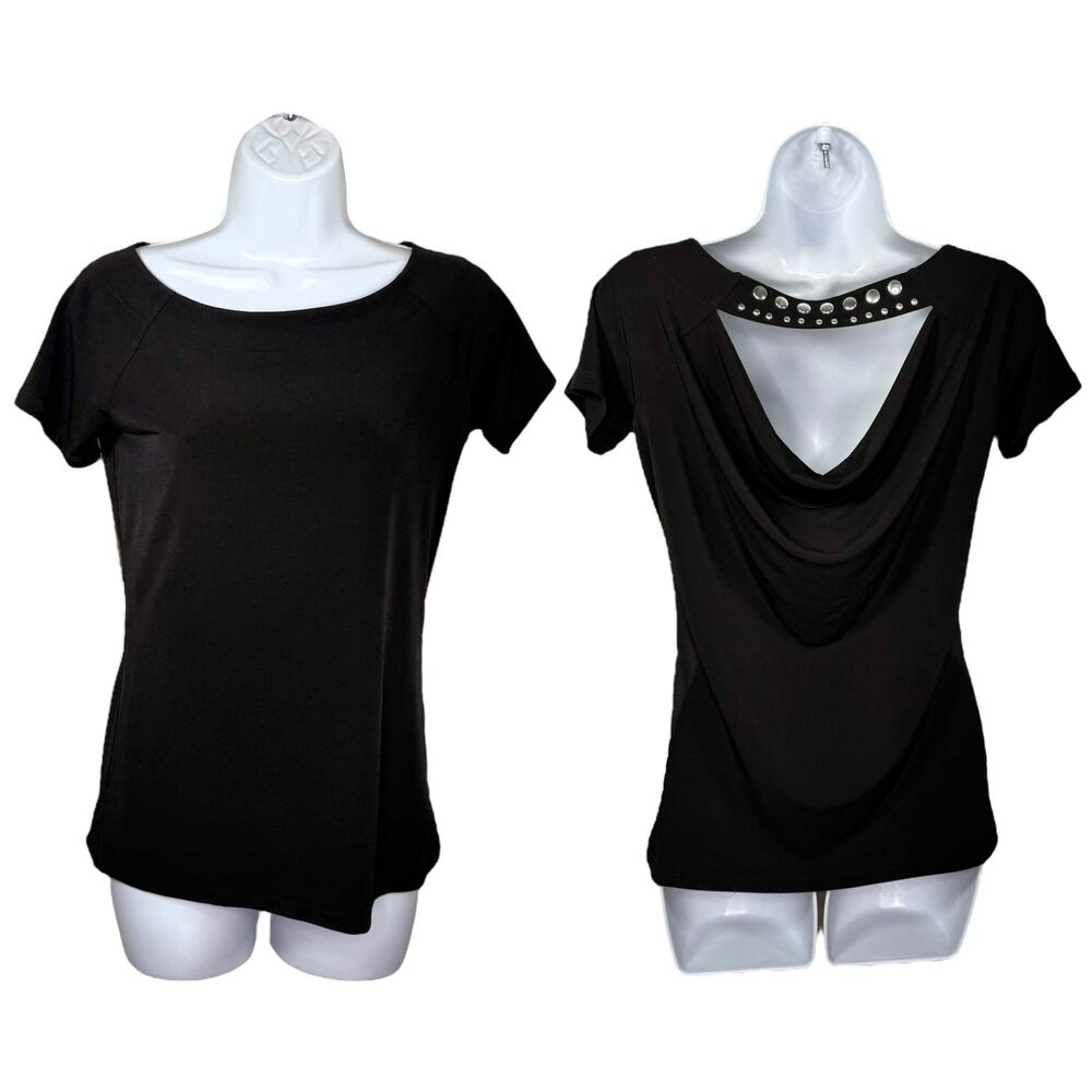 Michael Kors Black Short Sleeve Top Draped Back Studded Strap 6